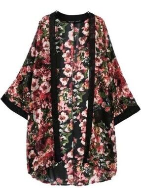 Sheer Floral Kimono Robe - Black & Pink